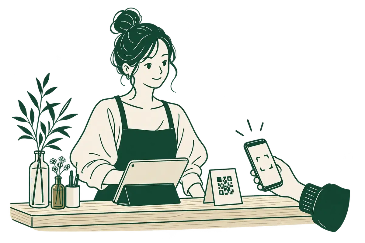 レジ横のQRコードをスマートフォンで読み取るイラスト